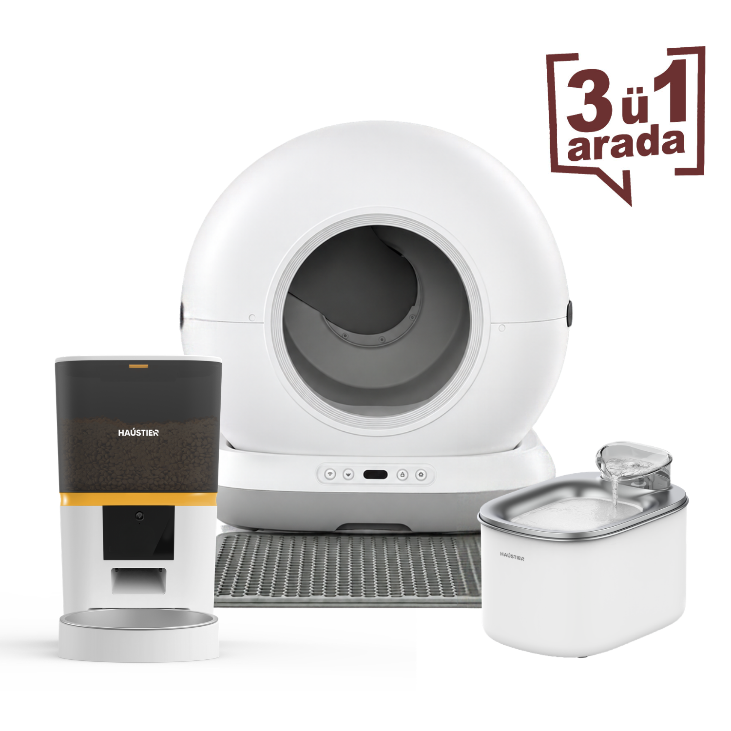 Haustier CB001 Gri Kedi Tuvaleti QQ003 Beyaz Mama Kabı WF007L Beyaz Kedi Suluğu 3 lü Set Haustier Türkiye Garantili